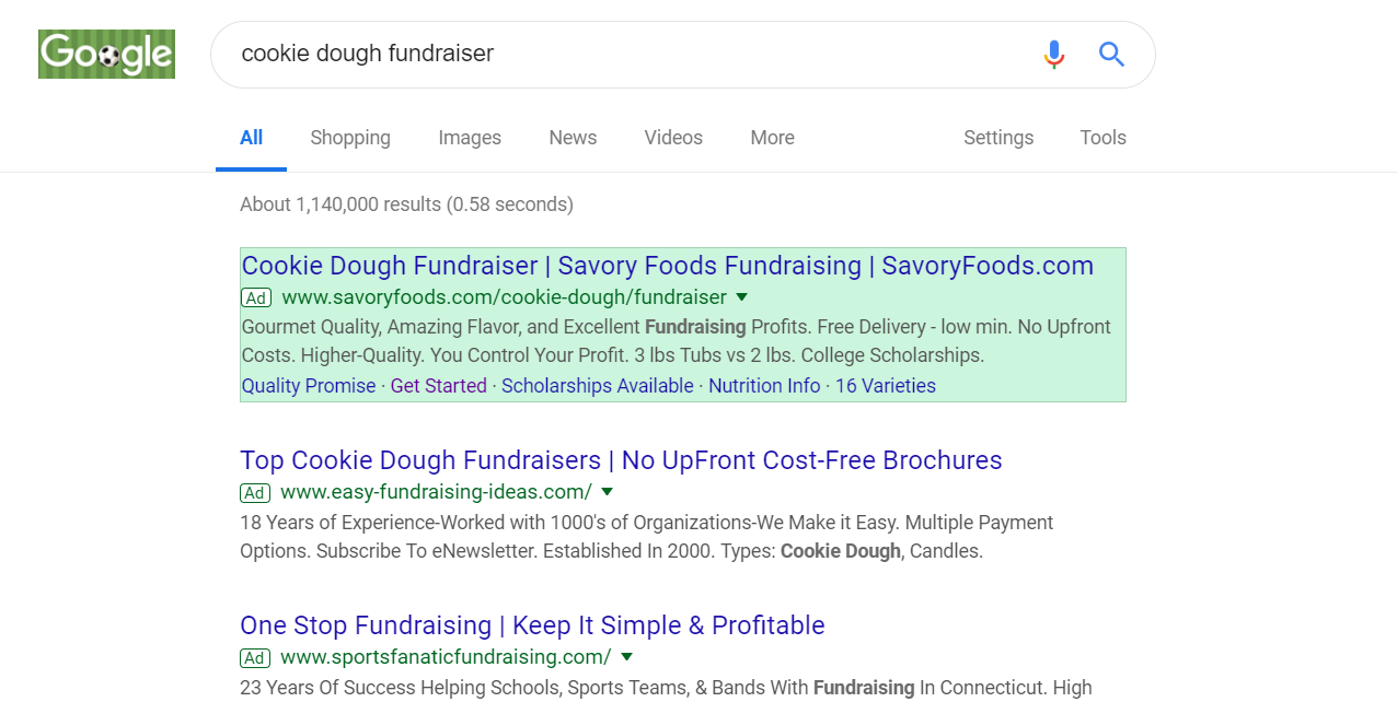 screenshot showing Google Ad results for Savory Foods