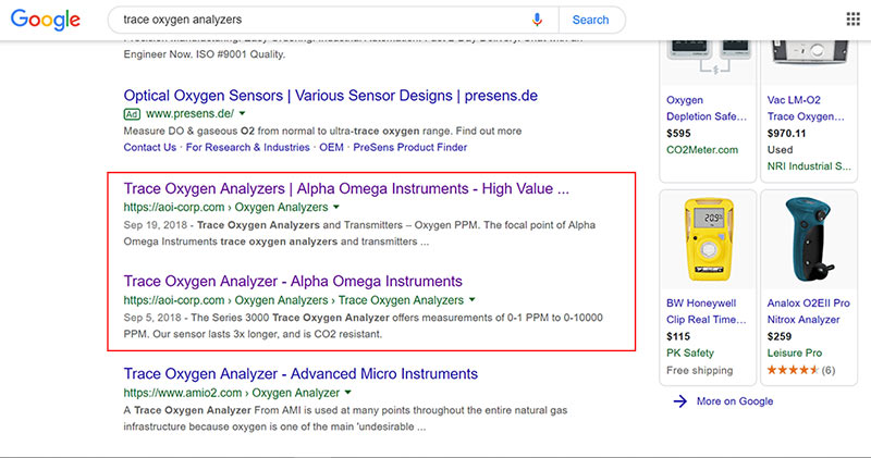 search results of a SEO campaign
